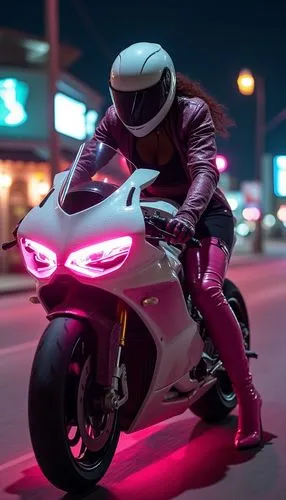 Create a dynamic nighttime portrait of a girl racing through the illuminated streets of Los Angeles on a custom Ducati sports motorbike. The bike stands out with a white and pink gradient, adorned wit