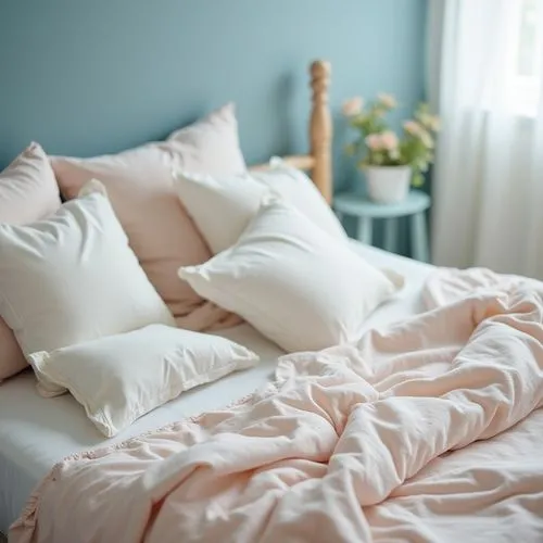 exclusive kids room bed elegant decoration on bed,delicate ,pastel colors,blured background,zoom focus
,a bed with two pillows on it and some white and pink throw pillows,bedspreads,bedsheets,bedsprea
