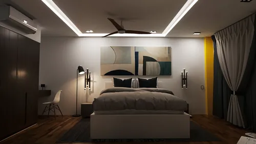 create a more appealing image, 3d max style, realistic rendering,the bed is flanked by two ceiling lights,modern room,sleeping room,modern decor,interior modern design,bedroom,interior design,contempo
