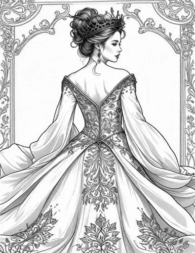 Style: Design Sketch-Detailed Outline,an adult coloring book featuring princess in a dress,ball gown,noblewoman,bridal dress,victorian lady,maxon,ballgown,wedding gown,bridal gown,peignoir,victoriana,
