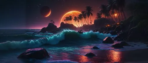 the moon rises over the water as a sea waves crash with rocks in front,dark beach,fantasy landscape,ocean paradise,fantasy picture,ocean background,beautiful wallpaper,lunar landscape,lava flow,dream 