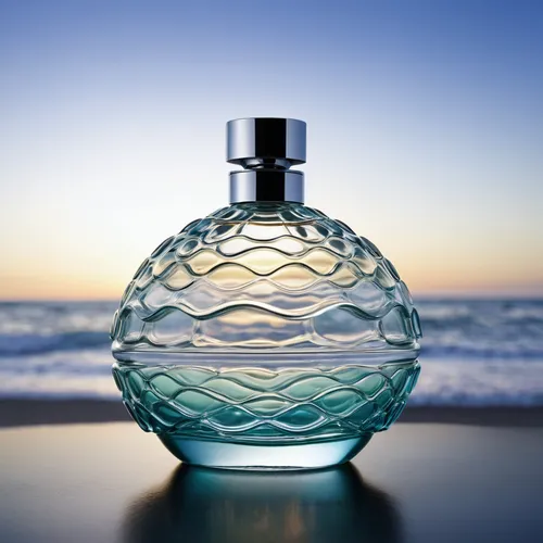 concept perfume bottle, made of glass, sleek body, wave decoration, high quality,perfume bottle,bottle surface,perfume bottle silhouette,coconut perfume,message in a bottle,parfum,perfume bottles,scen