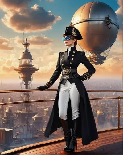 a woman dressed in uniform is on top of a building,napoleon i,delta sailor,atop,yachtswoman,admiral,colonize,the observation deck,airship,observatory,top hat,observation deck,ahoy,colonist,merchantman
