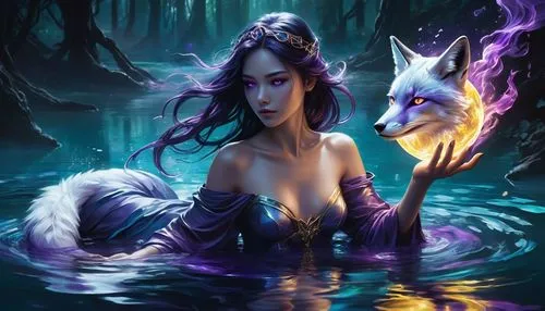 Female figure , reclined by a body of water, in a dark-purple and black,  lying near a teal-colored body of water. She has one yellow eye and one purple eye. Long, dark hair,  A small,  purple-colored