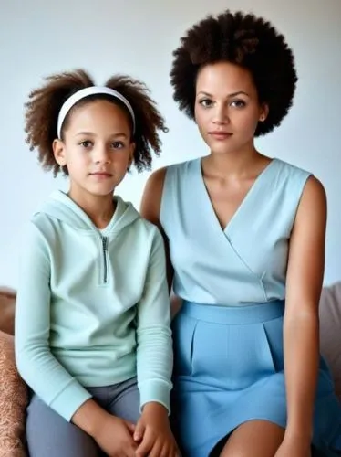 A slim, optimistic-looking mixed-race child (German+Afro) with the fat, thoughtful mother to go with it.,two women wearing blue sit on a couch,multiracial,daughters,puffballs,children girls,little gir