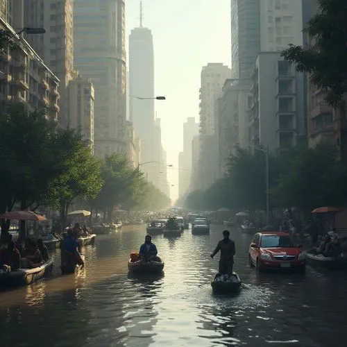 Extreme level view of flood in a city, vehicles are floating in the water, peoples walking through the water and passing through water using small boats,people in small boats traveling through the str