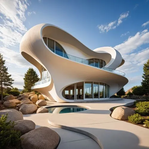 imagine a beautiful architectural visualization of a futuristic residence with a spiral-shaped exterior, resembling a seashell. Showcase the interplay of light and shadow on the curved surfaces, evoki