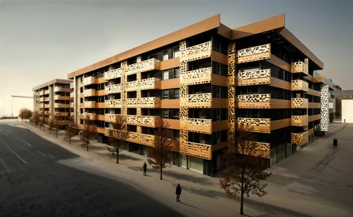 an apartment building with a few balconies and wooden balconies on it,3d rendering,sketchup,render,revit,residencial,scampia,plattenbau,3d render,apartments,renders,apartment buildings,apartment build