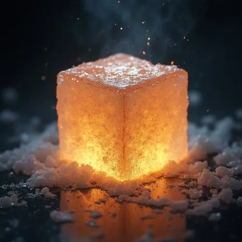 A glowing sugar cube melting, symbolizing the dangers of sugar, overlaid with the text: 'Sugar is the real villain.',an image of a block of melting ice,himalayan salt,salt crystal lamp,sugar cubes,cry