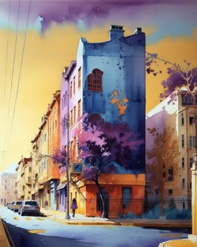 Город на закате, оранжевый дом, фиолетовые тени, акварель,this is a painting of a blue building,world digital painting,city scape,photo painting,mural,street scene,background image