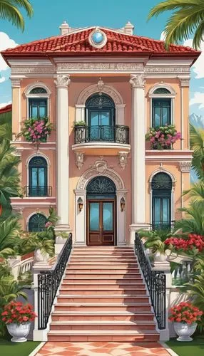 Italianate architecture house, luxurious villa, Mediterranean style, grand entrance, ornate door, lion-shaped door knockers, symmetrical facade, tall windows, balconies with intricate iron railings, r