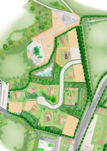 plan of a residential village with greenery and parking lots,landscape plan,new housing development,kubny plan,urban park,school design,street plan,park akanda,construction area,green space,earthworks