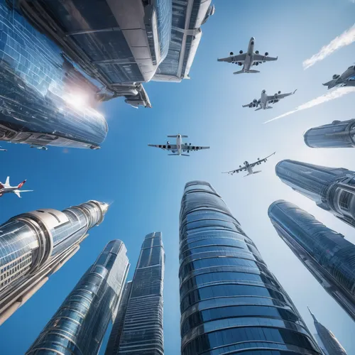 A modern robotic city with tall skyscrapers and airplanes on sky,skycraper,skyscrapers,sky space concept,futuristic architecture,air transportation,sky city,flying objects,skyscraper,skyscapers,airspa