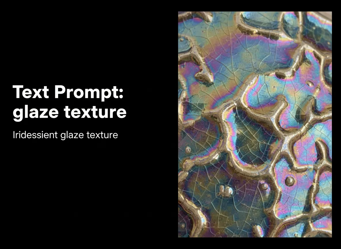 एक 'इरिडेसेंट ग्लेज टेक्सचर' के लिए टेक्स्ट प्रॉम्प्ट और उसके अत्यधिक विस्तृत AI-जनित परिणाम को दिखाने वाली साथ-साथ तुलना।