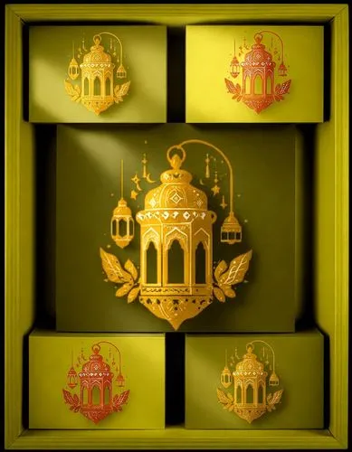 an ornate golden framed artwork depicting a mosque,gold art deco border,gold ornaments,patriarchate,sultanates,golden temple,crown icons,heraldic,directorates,heraldry,art deco background,monarchies,s