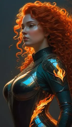stunning beauty and flame chubby woman Merida transparent reflecting bodysuit silhouette, from left side view ,merida,starfire,firestar,black widow,fiery,fantasy woman,xmen,human torch,avenger,ronda,h