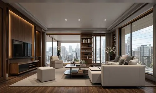 A sophisticated living room featuring a sectional sofa and built-in wooden bookshelves. The shelves are filled with books and illuminated by subtle recessed lighting. A panoramic window offers a view 