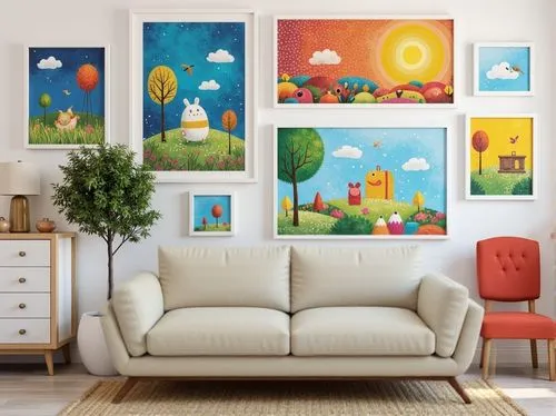 an artistic living room wall filled with colorful art,nursery decoration,paintings,wall decor,kids room,boho art,children's room,flower painting,interior decor,art painting,modern decor,wall decoratio