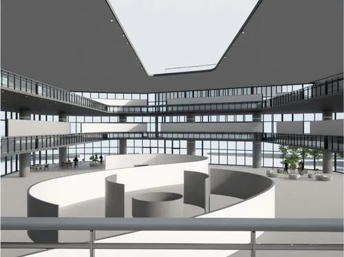 Ultra-realistic futuristic technology exhibition atrium interior, based exactly on the provided architectural massing and spatial layout, preserve the same multi-level circular atrium geometry, balcon