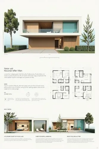 A professional architectural presentation board with a Pure background and a clean, minimalist design layout. The board includes:

Top Section: On the top left, a photorealistic render of a contempora