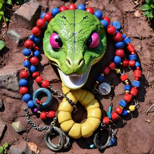 an overhead view of a green bollard with white buttons and a black and red button in the bottom left corner, one yellow and blue stripe on the right side of the snake body, three large red beads hangi