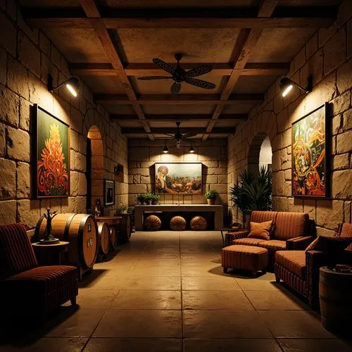 Dimly lit wine cellar, rustic stone walls, wooden barrels, vintage winemaking equipment, ornate metalwork, warm golden lighting, soft shadows, atmospheric ambiance, expressionist artwork, bold brushst