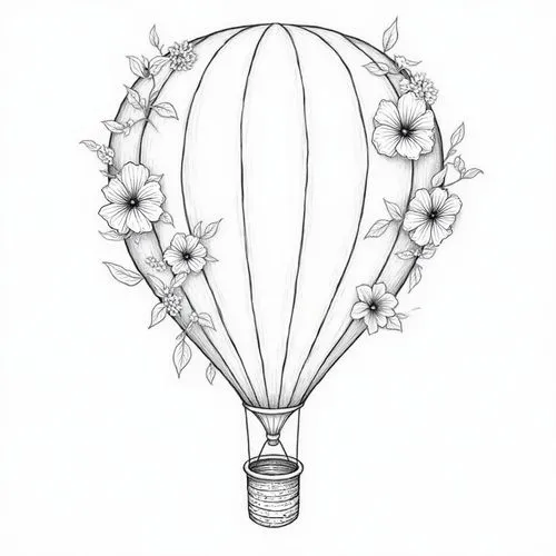 A detailed line art drawing of a hot air balloon, seemingly made for a coloring book. The balloon is round and segmented, with a woven basket underneath. Large, intricately detailed flowers, possibly 