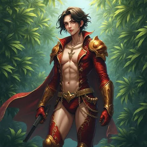alice in wonderland shazam kazam wam bam anime male warrior lingerie inspired gothic colonial clothing armor outfit full body marijuana leaf background
,a male elf with a red cape holding a sword,male