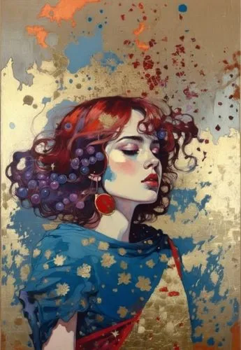 a painting with a red haired woman wearing blue,bohemian art,art painting,oil painting on canvas,transistor,spray paint,gold foil art