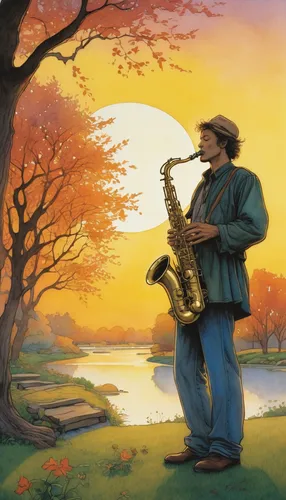 In a serene park, a saxophone player fills the air with peaceful melodies, accompanying a beautiful sunset.,saxophone playing man,man with saxophone,saxophonist,saxophone player,saxophone,tenor saxoph