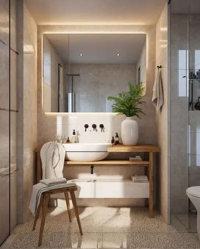 a bathroom with a stool, sink and mirror,modern minimalist bathroom,luxury bathroom,bathroom,bath room,modern kitchen interior,banyo,Photography,General,Realistic