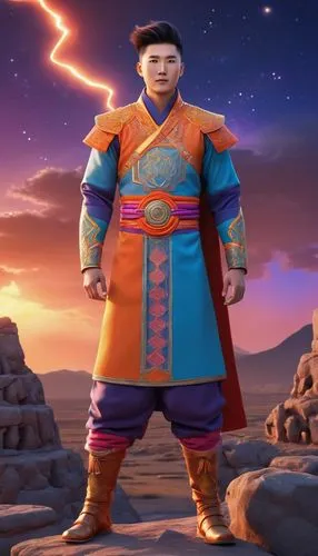 portrait shot man vivid quirky high fashion lightning portrait illusory landscape firey sunset range of colors standing on the edge of ancient ruins at earthrise starry skies before heaven astral phot