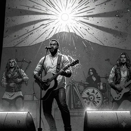COMIC STYLE, COMIC ART, Tuschelinien, Schatten, dynamische Linienführung, 2000's Comic‑Look, slim black ink outline,an illustration of a man standing next to two women playing guitars,concert guitar,d