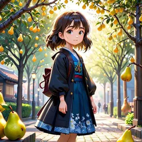japanese style, manga, realistic,girl,pears tree,a person wearing a long black dress standing under a tree,nanako,kumiko,girl picking apples,mirai,miku maekawa,yanmei,Anime,Anime,Cartoon