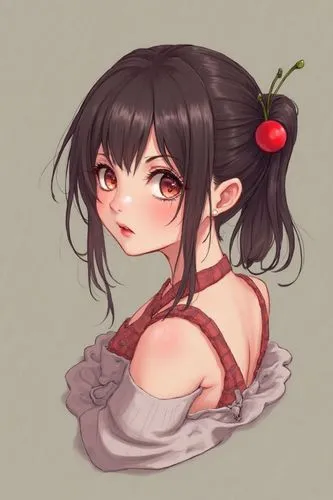 a drawing of a woman with a cherry on her head, a digital painting, pixiv contest winner, toyism, portrait anime space cadet girl, pinup body, style of magical girl, rossdraws 2. 5,a character dressed