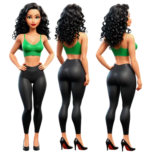 Create only high resolution images, pixar 3d, 4k, character sheet style, like a paper doll, A pose style. She must be wearing shiny black lycra leggings, a green cropped top t-shirt with a V-neck. On 