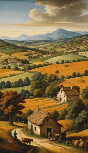 A picturesque autumn landscape, rolling hills, farmhouses, farmers working, haystacks, cornucopias, harvest season, warm and earthly tones, rich details.,farm landscape,rural landscape,grant wood,davi