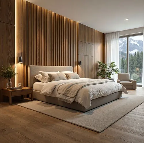 Create a cozy and modern bedroom featuring a plush bed with a neutral headboard. Use vertical ambient lighting behind the bed, wood flooring, and a large glass balcony with mountain views. Add elegant