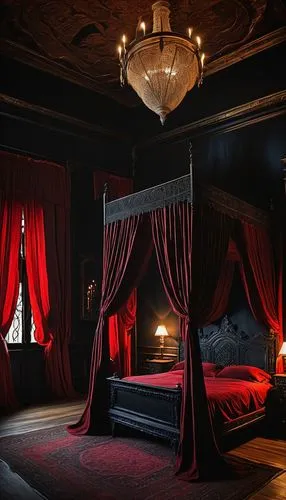 Dark gothic bedroom, luxurious red velvet curtains, mysterious black walls, ornate antique furniture, intricately carved wooden bedframe, crimson satin sheets, lace canopy above, dimly lit candles, sc