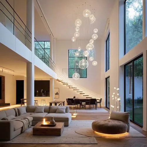 A modern living room space, inspired by Ukrainian design style, with a floor height of 5 meters, considering the relationship between space and people and the environment, and the lighting effect duri