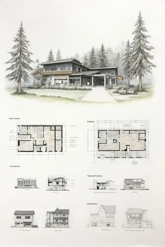 an architectural presentation board of an artist's residence design with floor plans, views perspectives 3D renders and texts in a neatly composed sheet with space and balanced formatted graphics

,a 