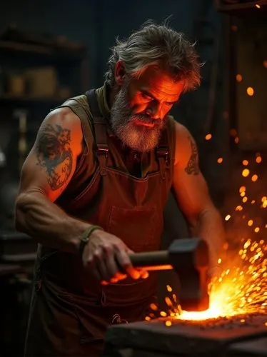 A skilled blacksmith working in a fiery forge, sparks flying around him. He’s in his late 40s, with a rugged face marked by soot and a beard flecked with gray. Dressed in a heavy leather apron, his mu