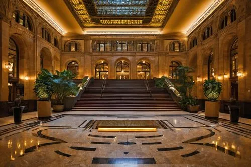 Globally-inspired 20th-century-world-architecture, grandeur, skyscraper, metropolitan cityscape, steel-and-glass-facade, geometric-patterned-columns, ornate-art-deco-details, towering-high-ceiling, ex