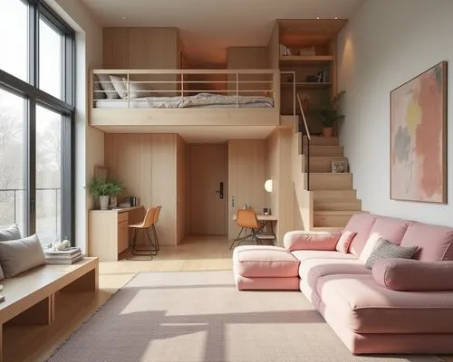 A chic open-plan studio featuring a raised sleeping area, a pink sectional sofa, natural wood finishes, a modern rug, abstract wall art, and large windows letting in natural light, contemporary and pl