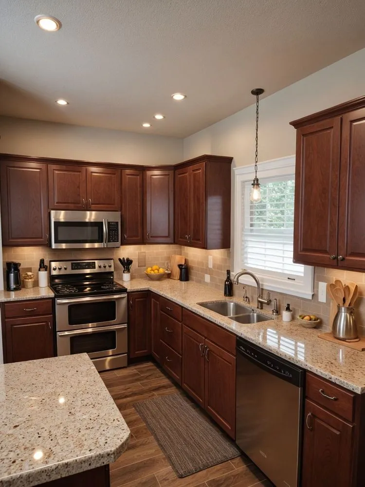 a kitchen with wooden cabinets and counter tops