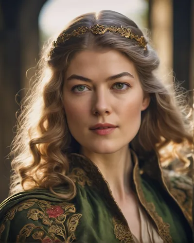 Make a beautiful female with a black long hair and green eyes, make her dressing a medieval dress and a cloak, make her look like Rosamund Pike,queen anne,celtic queen,game of thrones,angelica,catarin