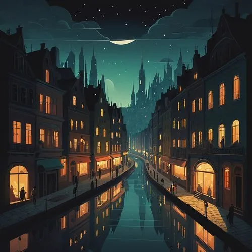 night scene,canals,moonlit night,nightscape,evening atmosphere,world digital painting,nocturnes,fantasy city,moonlit,city at night,light of night,venezia,city moat,moonlight,romantic night,city lights