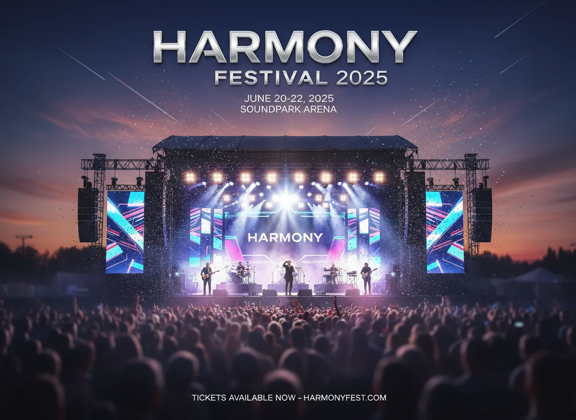 Ein Poster für ein Musikfestival, bei dem die Hauptbühne scharf abgebildet ist, während die Menge und der Himmel mit einem geringen Schärfentiefe-Effekt kunstvoll unscharf gemacht sind.