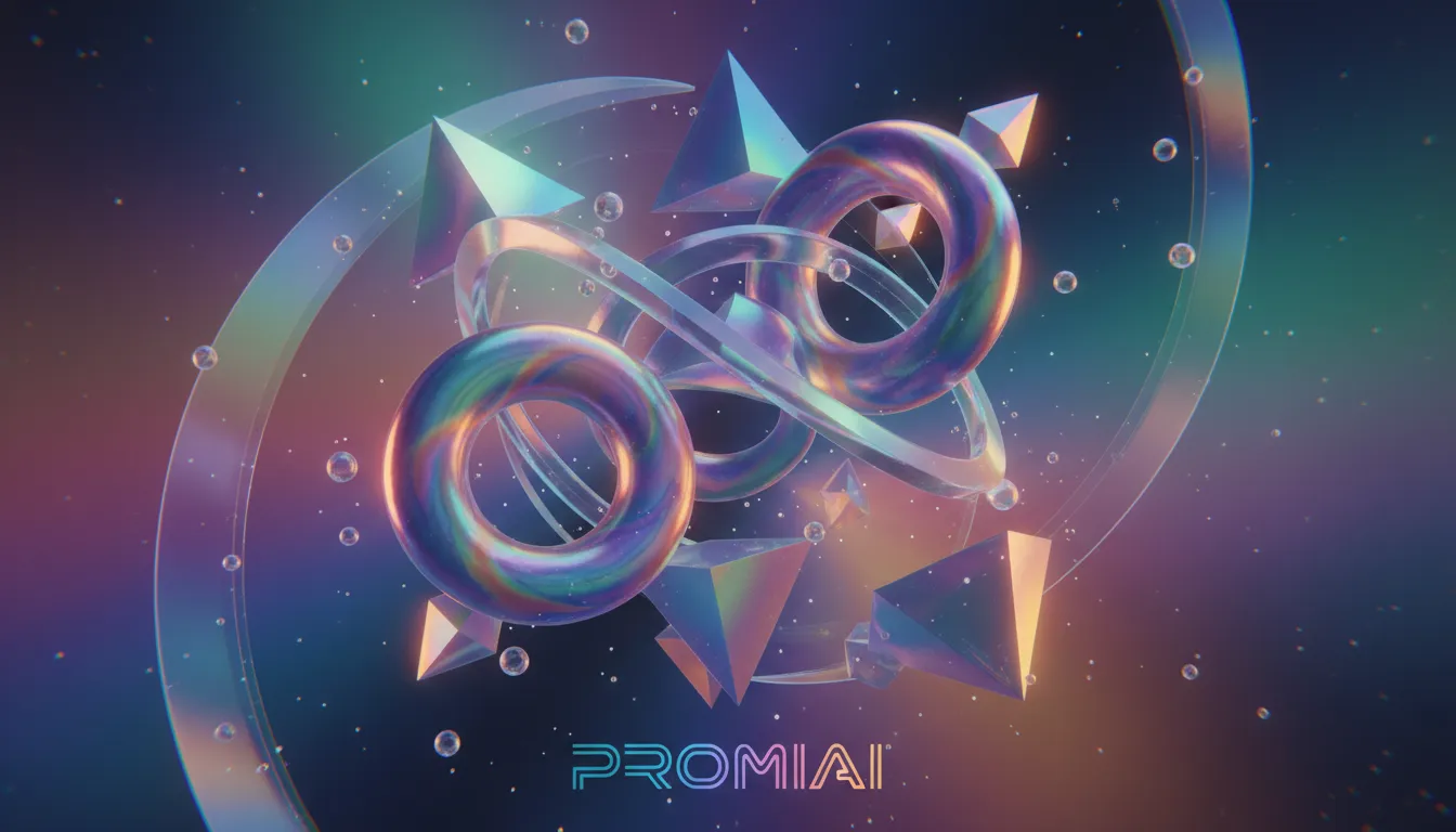 Un vibrante poster in stile C4D con forme geometriche astratte, texture iridescenti e una morbida illuminazione volumetrica, generato da PromeAI.