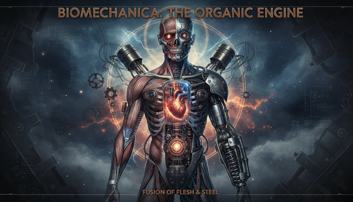 एक अत्यधिक विस्तृत बायोमैकेनिकल पोस्टर जो एक अंधेरे, वायुमंडलीय सेटिंग में मानव शरीर रचना और जटिल मशीन भागों का मिश्रण दिखाता है।